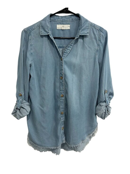 Thread + Supply Tops - Thread + Supply Small Blue Tencel Button-Down Frayed Shirt Minimalist Coastal